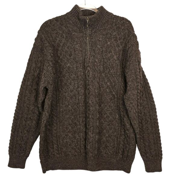 Orvis Fishermans Wool Sweater Mock Neck Quarter Zip Brown Gray Made in Ireland L